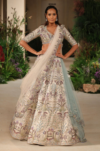Windsong - silver Banarasi Tissue Brocade & tulle net lehenga set