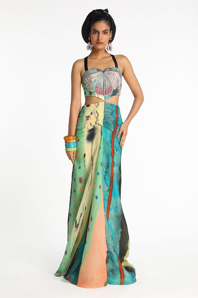 Woman wearing Aurora printed applique cupro gown front view