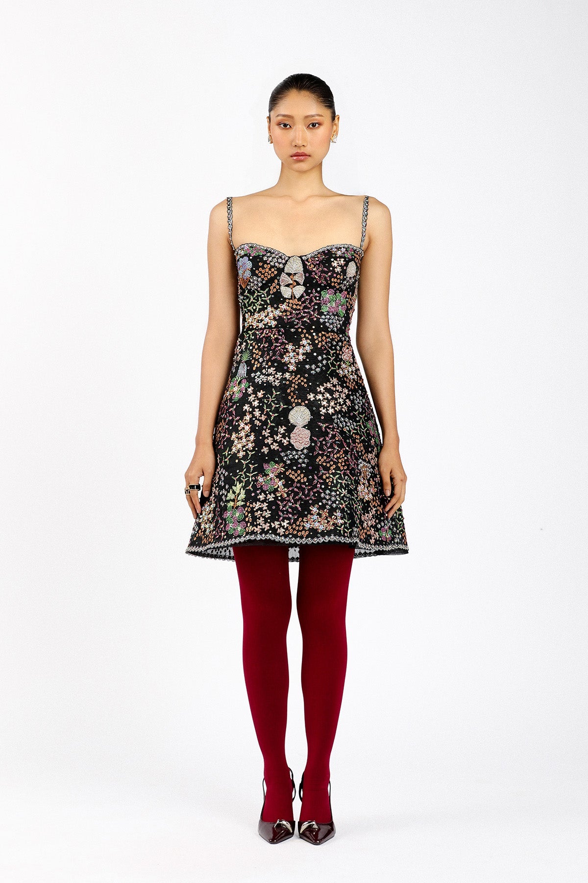 Woman wearing Matilda black tulle baby doll dress