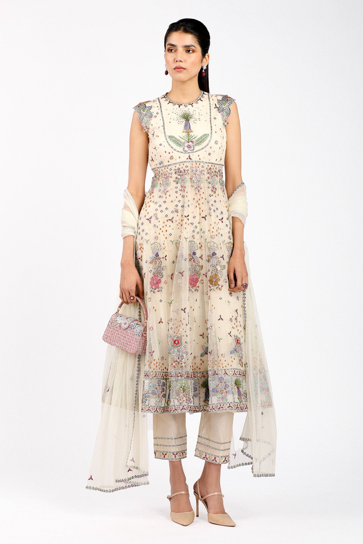 Woman wearing Matilda ivory tulle anarkali kurta set
