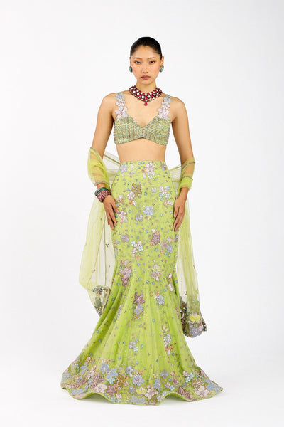 Verphine - Lime Green Tulle Net Mermaid Lehenga Set-RTS