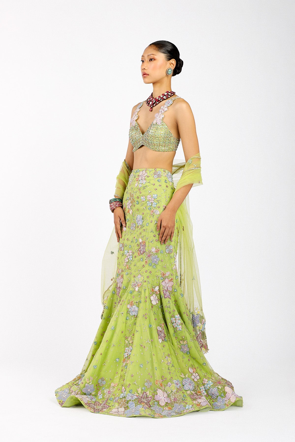 Verphine - Lime Green Tulle Net Mermaid Lehenga Set-RTS