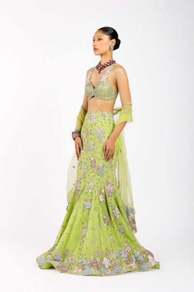 Verphine - Lime Green Tulle Net Mermaid Lehenga Set-RTS