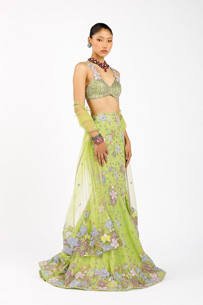 Verphine - Lime Green Tulle Net Mermaid Lehenga Set-RTS