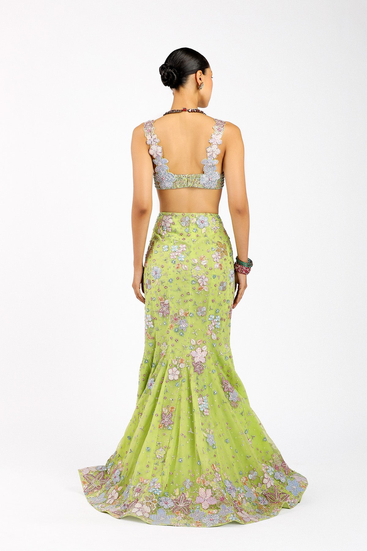Verphine - Lime Green Tulle Net Mermaid Lehenga Set-RTS