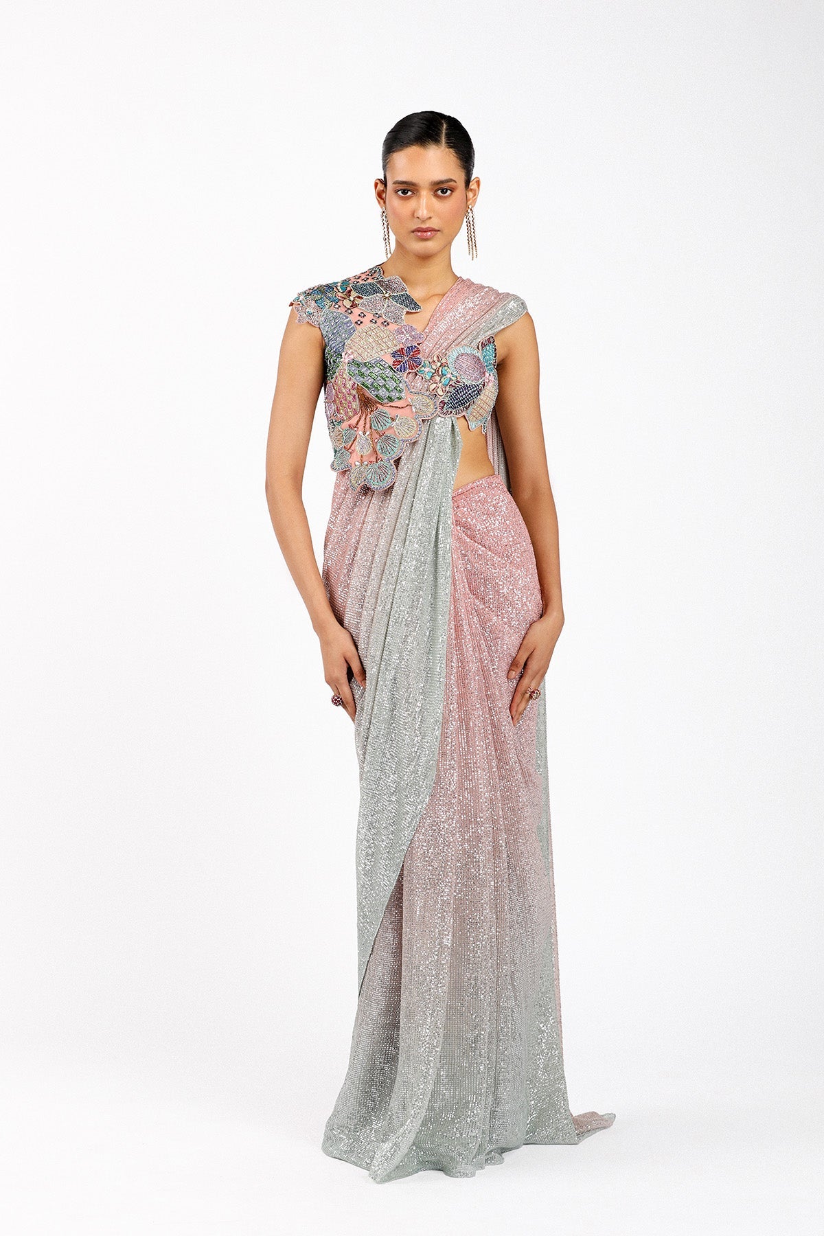 Woman wearing Matilda pink-silver sequin pre-draped saree