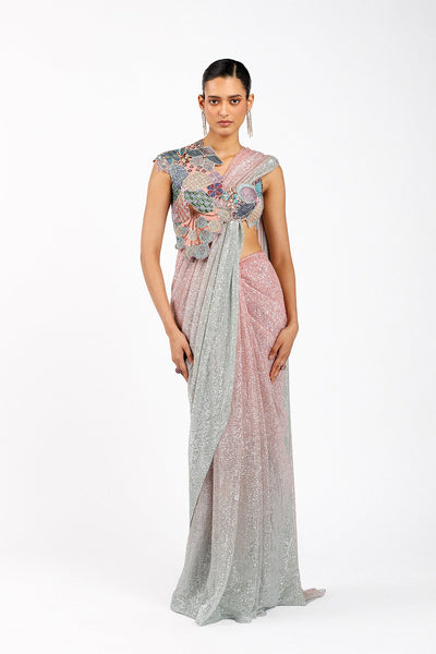 Woman wearing Matilda pink-silver sequin pre-draped saree