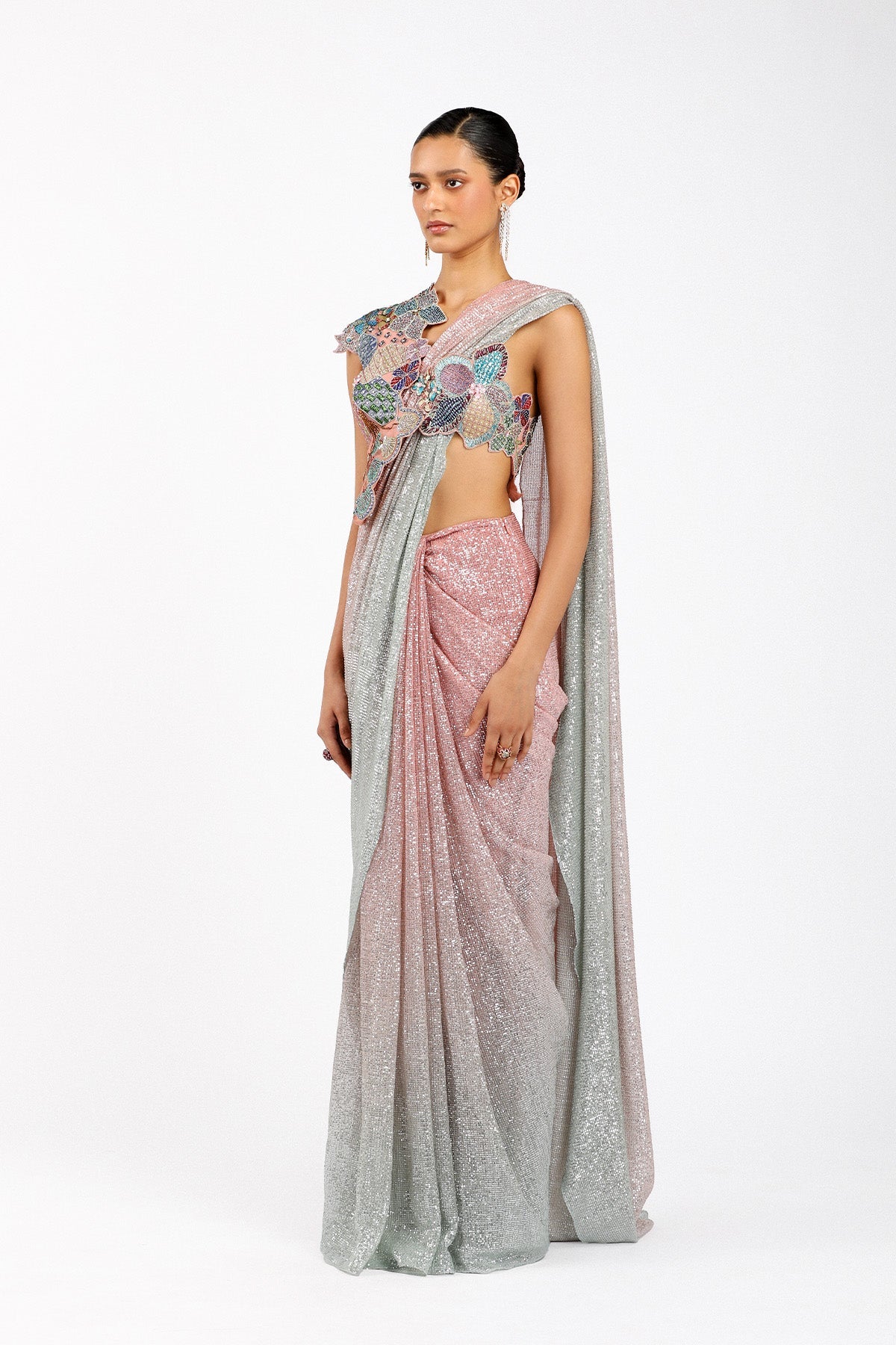 Blume - Pink- Silver Tulle Net Saree Set-RTS