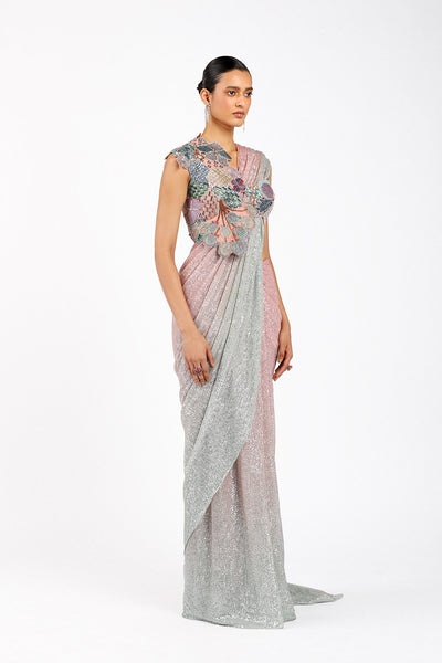 Blume - Pink- Silver Tulle Net Saree Set-RTS