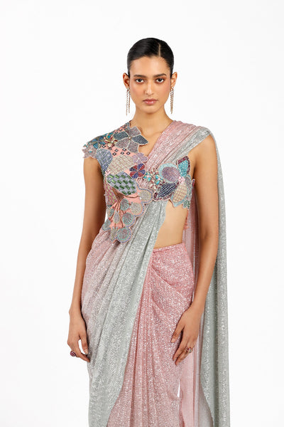 Blume - Pink- Silver Tulle Net Saree Set-RTS