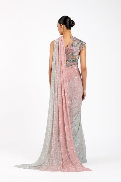 Blume - Pink- Silver Tulle Net Saree Set-RTS