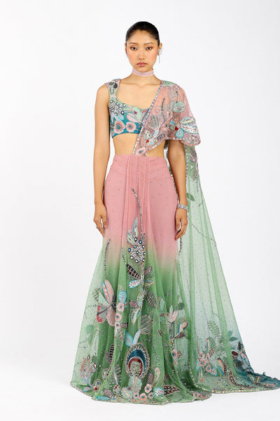 Woman wearing Kinfolk pink-green pre draped tulle saree

