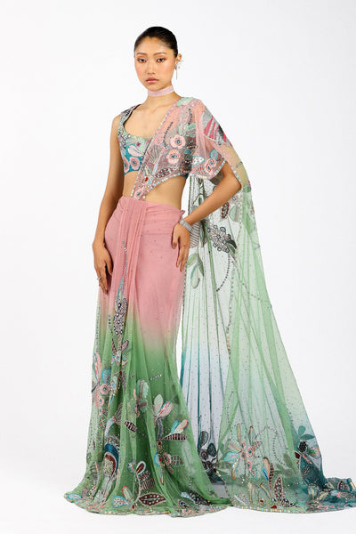 Verdance - Pink Green Tulle Net Saree Set-RTS