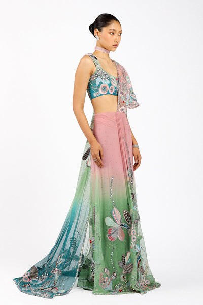 Verdance - Pink Green Tulle Net Saree Set-RTS
