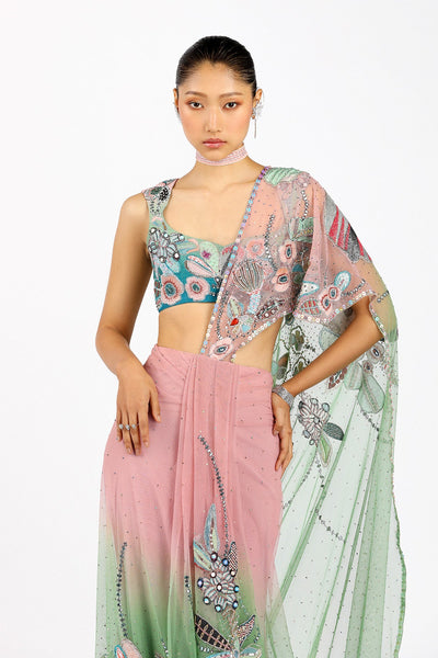 Verdance - Pink Green Tulle Net Saree Set-RTS