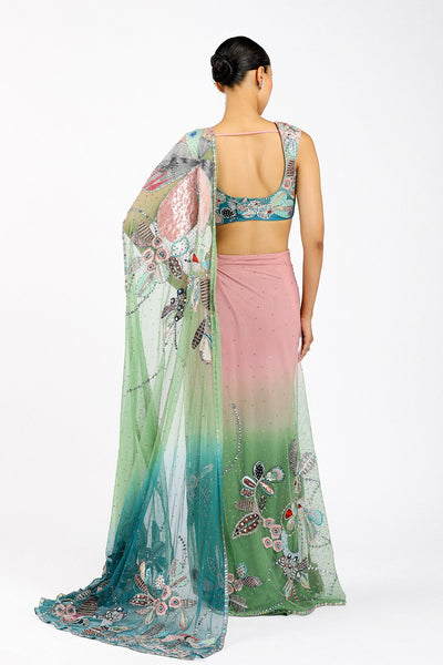Verdance - Pink Green Tulle Net Saree Set-RTS