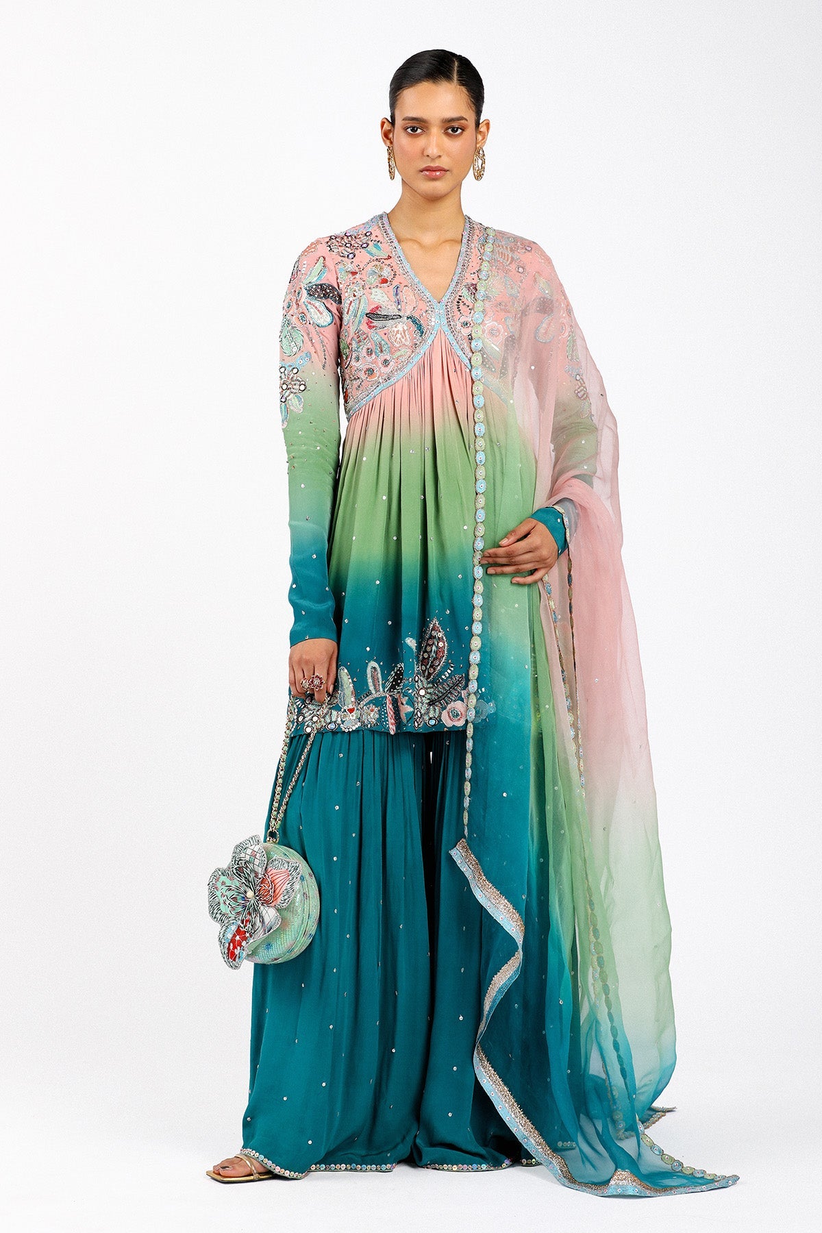 Woman wearing Aisha Rao Aurora ombre kurta gharara set
