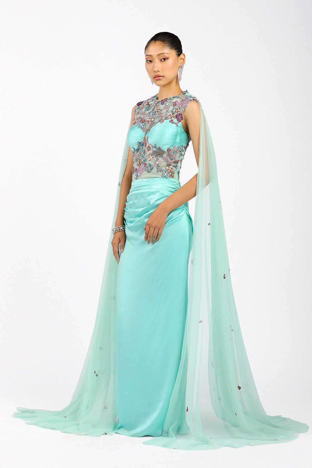 Vivelise - Scuba Blue Silky Satin Ruffled Gown-RTS