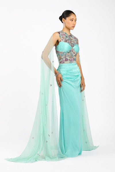 Vivelise - Scuba Blue Silky Satin Ruffled Gown-RTS