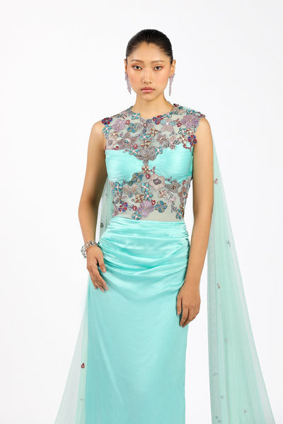 Vivelise - Scuba Blue Silky Satin Ruffled Gown-RTS