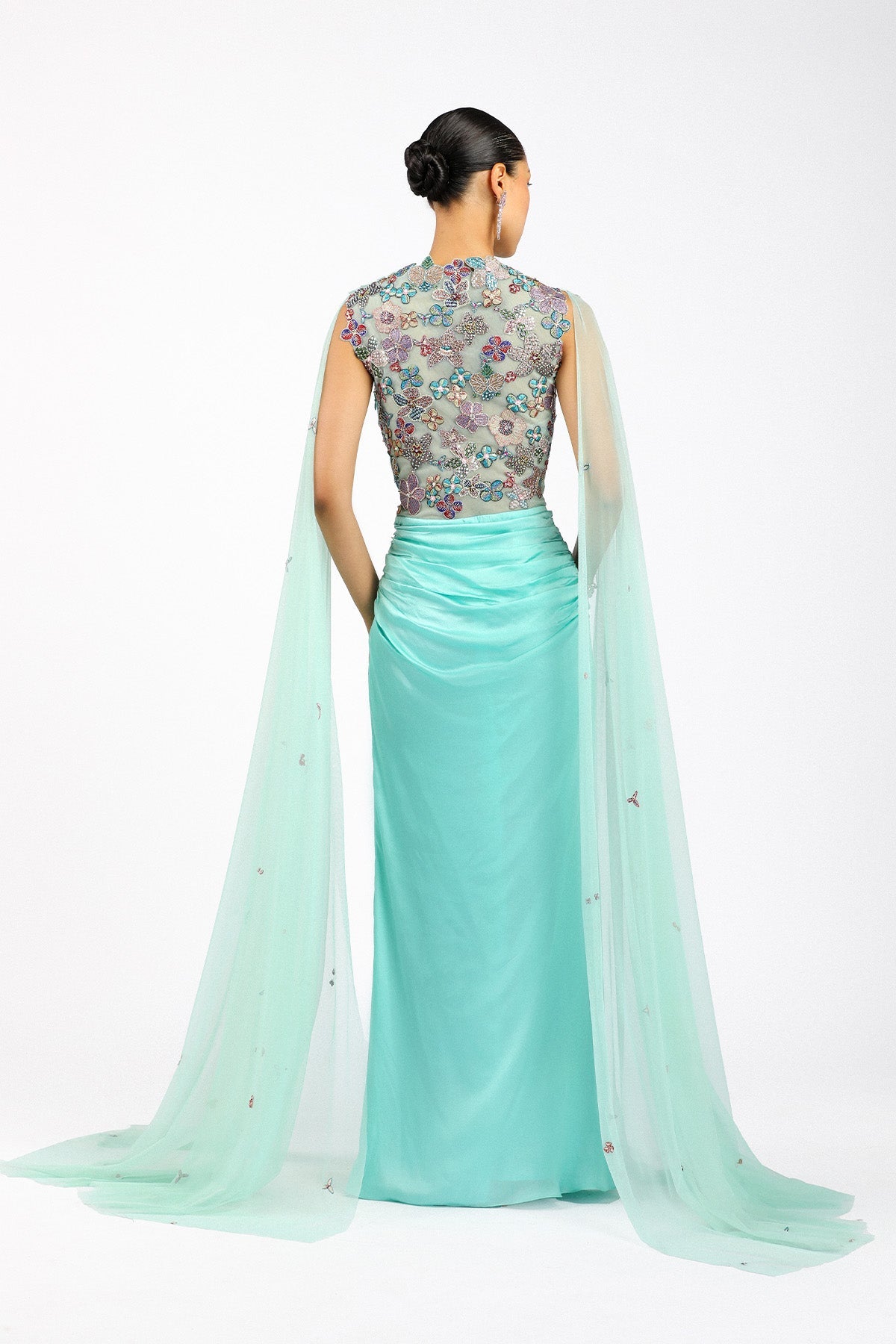 Vivelise - Scuba Blue Silky Satin Ruffled Gown-RTS