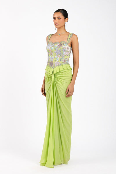 YsŽlie - Lime Green Chiffon Pleated Skirted Gown-RTS