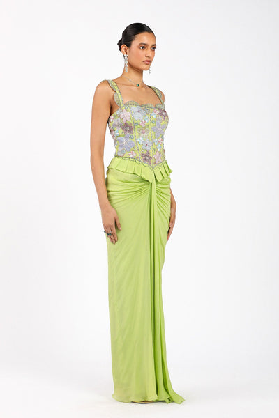 YsŽlie - Lime Green Chiffon Pleated Skirted Gown-RTS