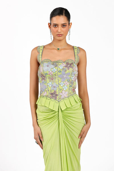YsŽlie - Lime Green Chiffon Pleated Skirted Gown-RTS