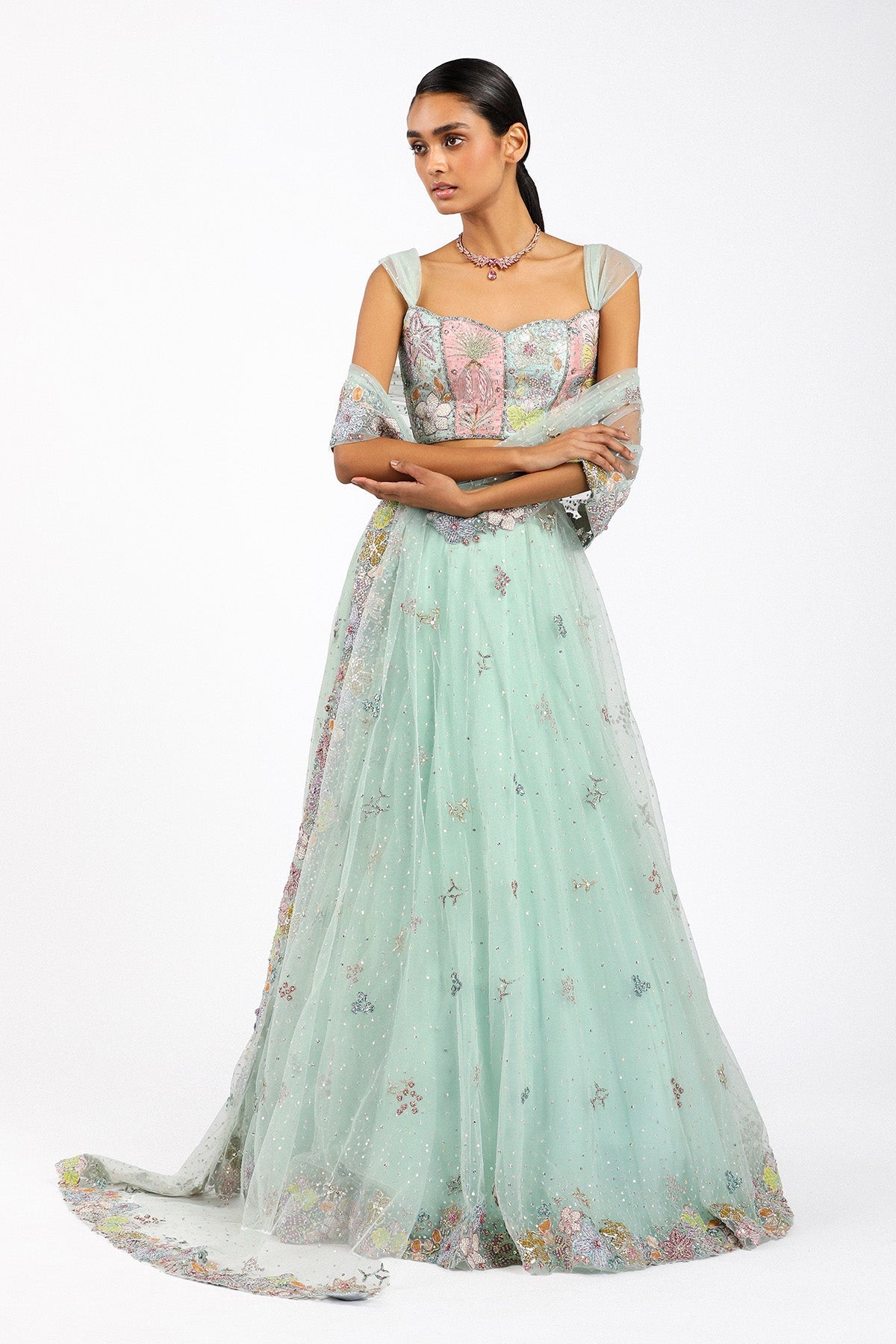 Woman wearing Matilda baby blue stitched saree lehenga