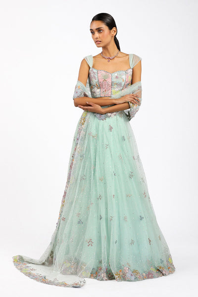 Woman wearing Matilda baby blue stitched saree lehenga