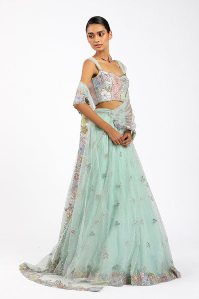 AzalŽe - Baby Blue Tulle Net Saree Lehenga Set-RTS