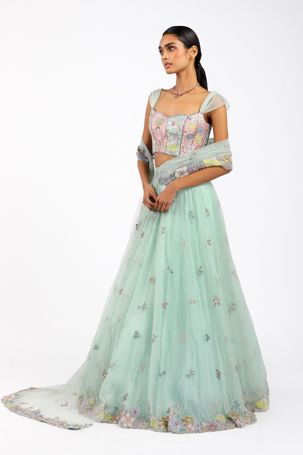 AzalŽe - Baby Blue Tulle Net Saree Lehenga Set-RTS