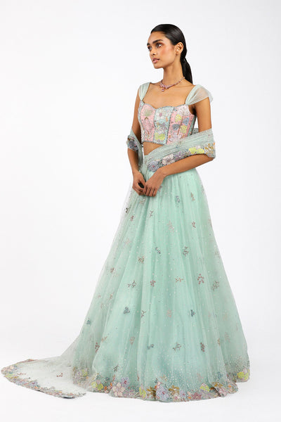 AzalŽe - Baby Blue Tulle Net Saree Lehenga Set-RTS