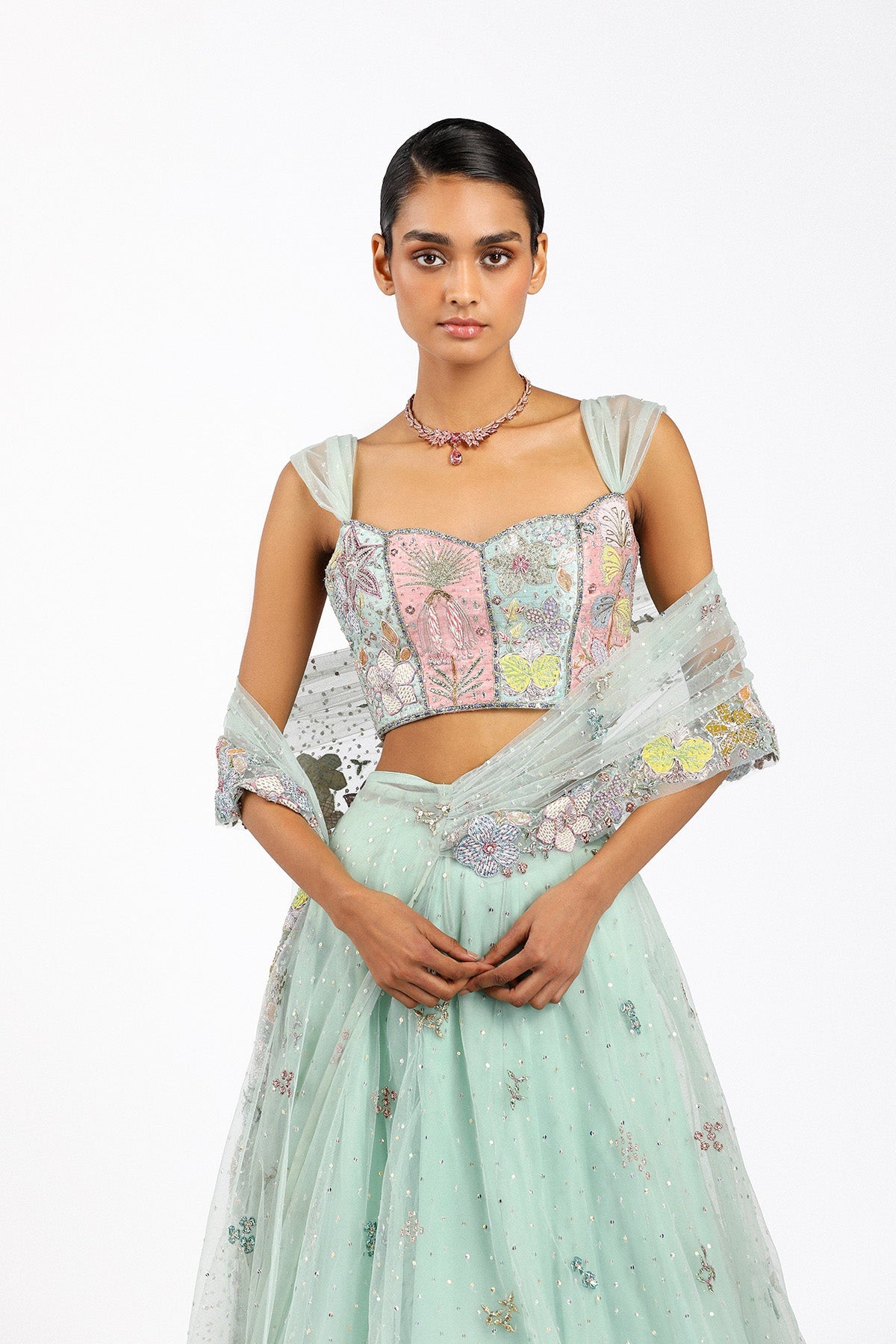 AzalŽe - Baby Blue Tulle Net Saree Lehenga Set-RTS