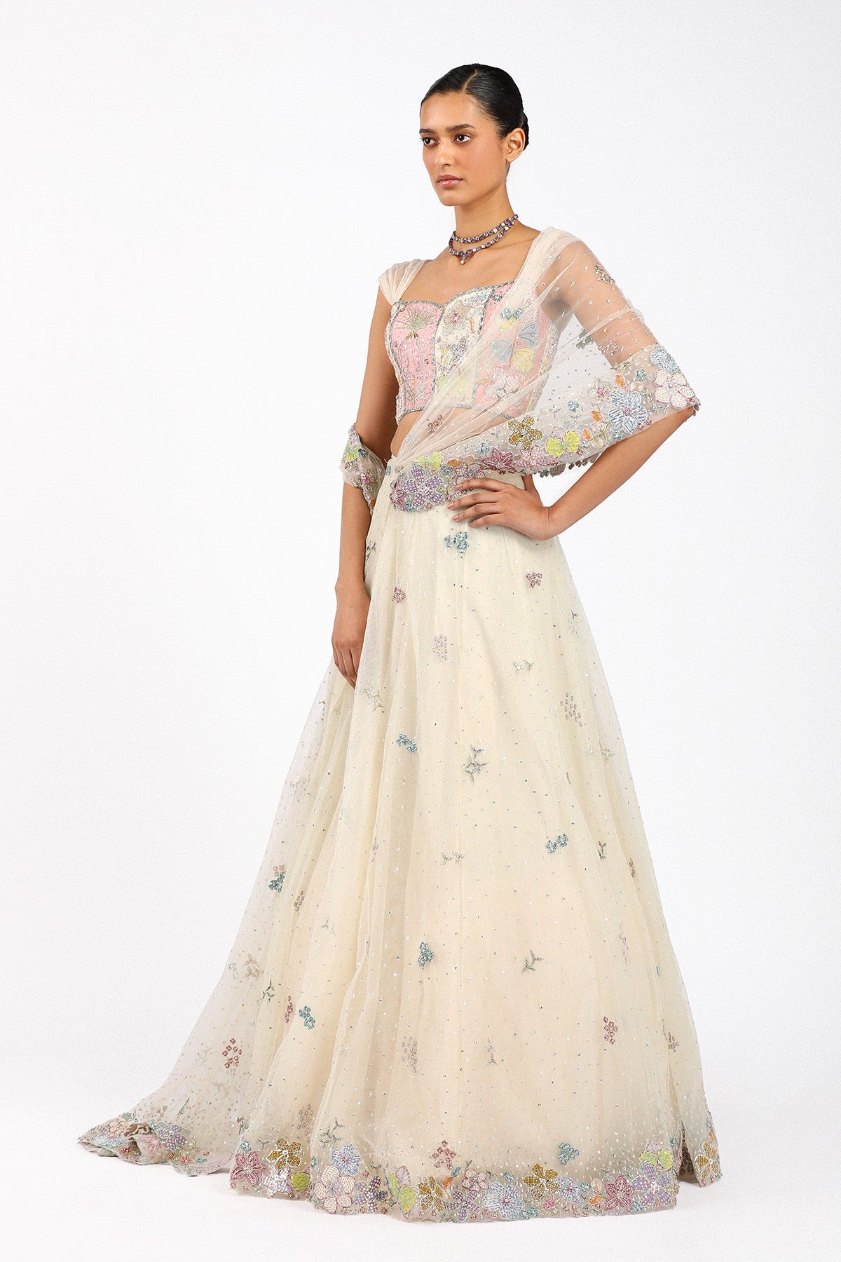 Azalée - Ivory Tulle Net Saree Lehenga Set-RTS