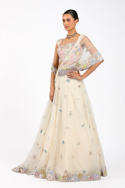 Azalée - Ivory Tulle Net Saree Lehenga Set-RTS