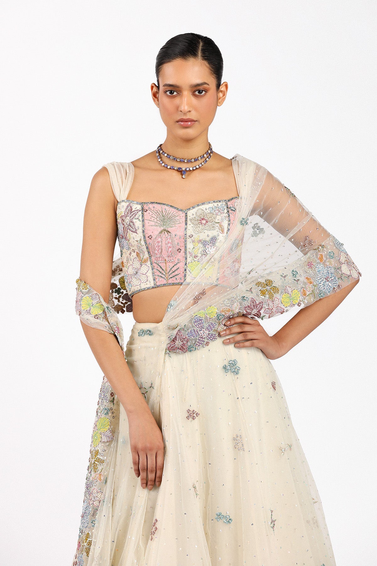 Azalée - Ivory Tulle Net Saree Lehenga Set-RTS