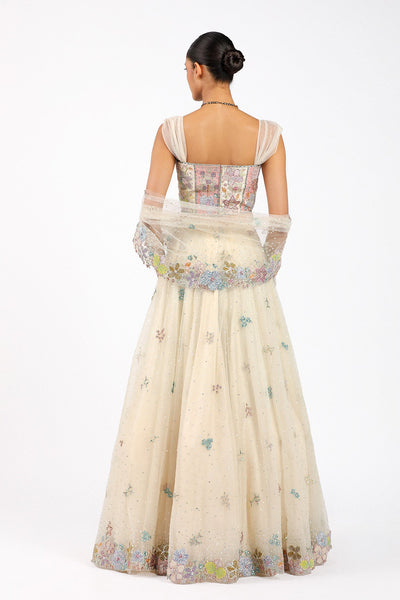 Azalée - Ivory Tulle Net Saree Lehenga Set-RTS
