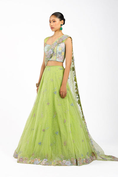 Azalée - Lime Green Tulle Net Saree Lehenga Set-RTS