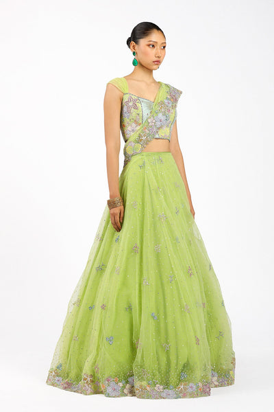 Azalée - Lime Green Tulle Net Saree Lehenga Set-RTS