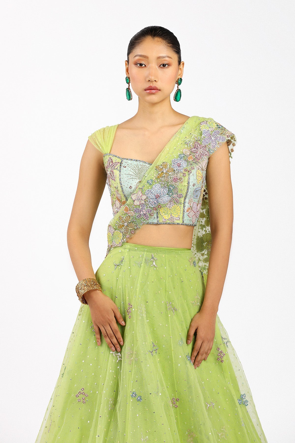 Azalée - Lime Green Tulle Net Saree Lehenga Set-RTS