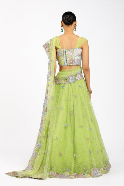 Azalée - Lime Green Tulle Net Saree Lehenga Set-RTS
