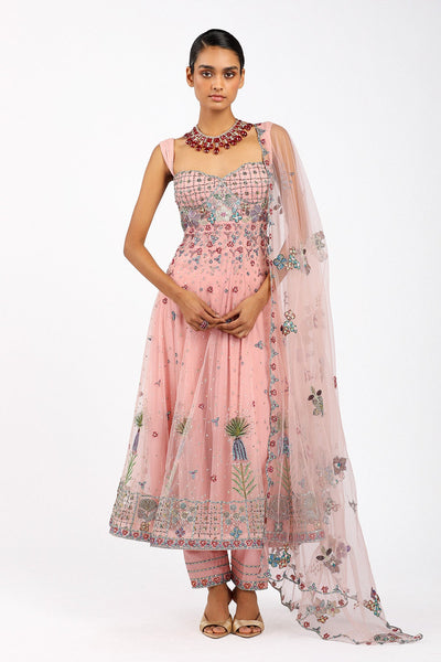 Woman wearing Matilda baby pink tulle net anarkali set
