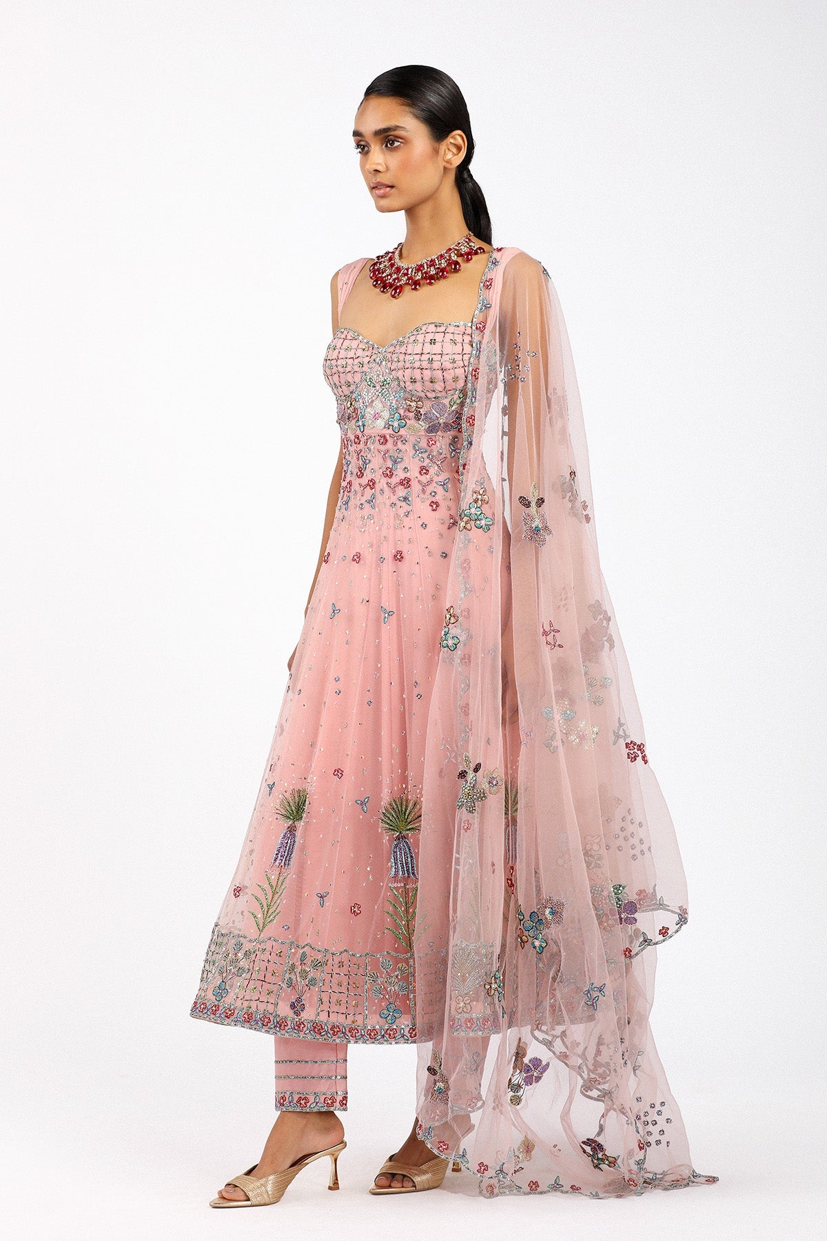 Peonisse - Baby Pink Tulle Net Anarkali Set-RTS
