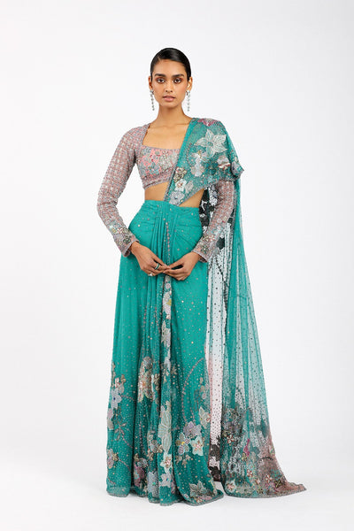 Woman wearing Matilda turq pink pre-draped tulle saree