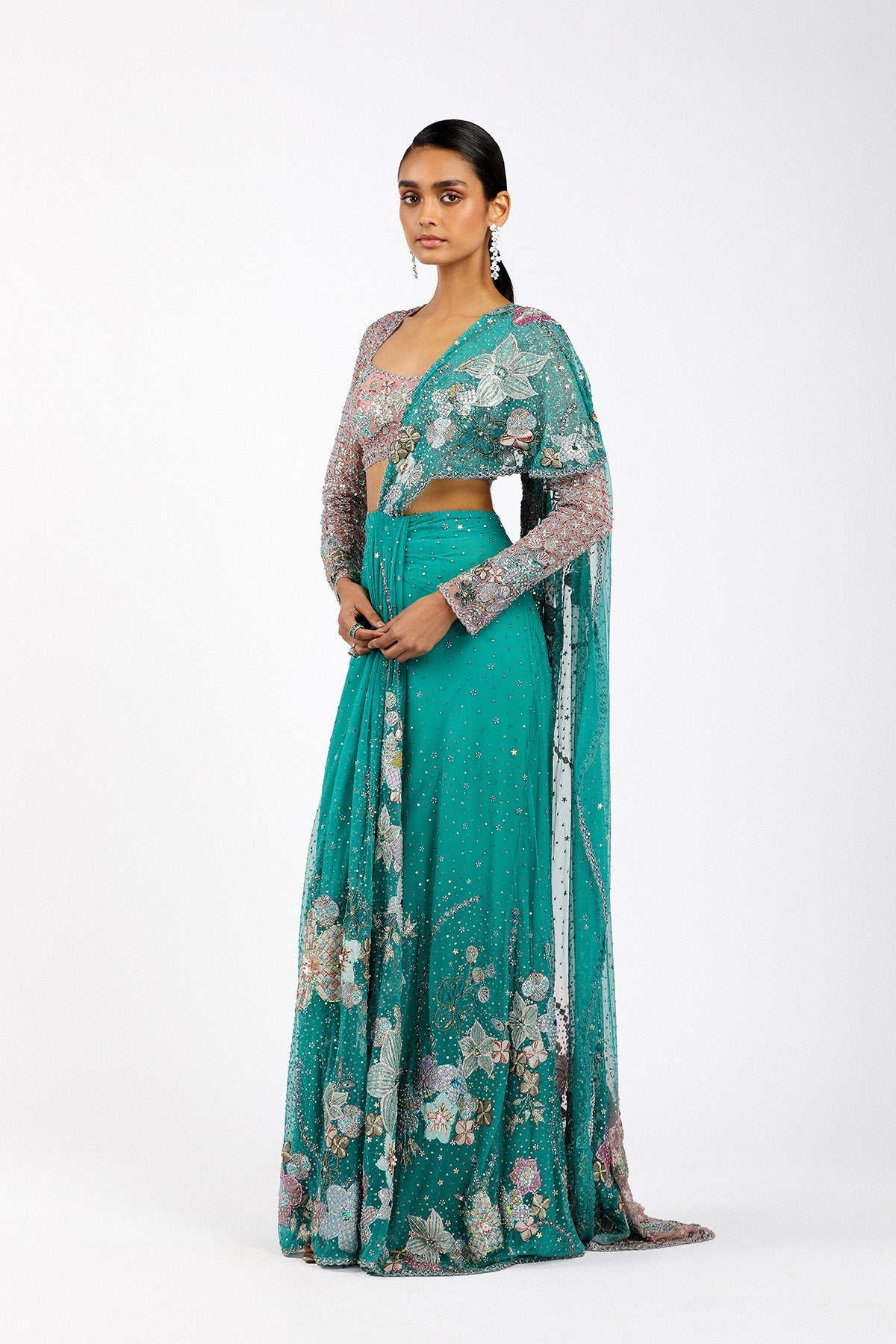 Myrielle - Turq-Pink Tulle Net Saree Set-RTS
