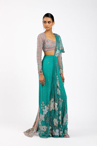 Myrielle - Turq-Pink Tulle Net Saree Set-RTS