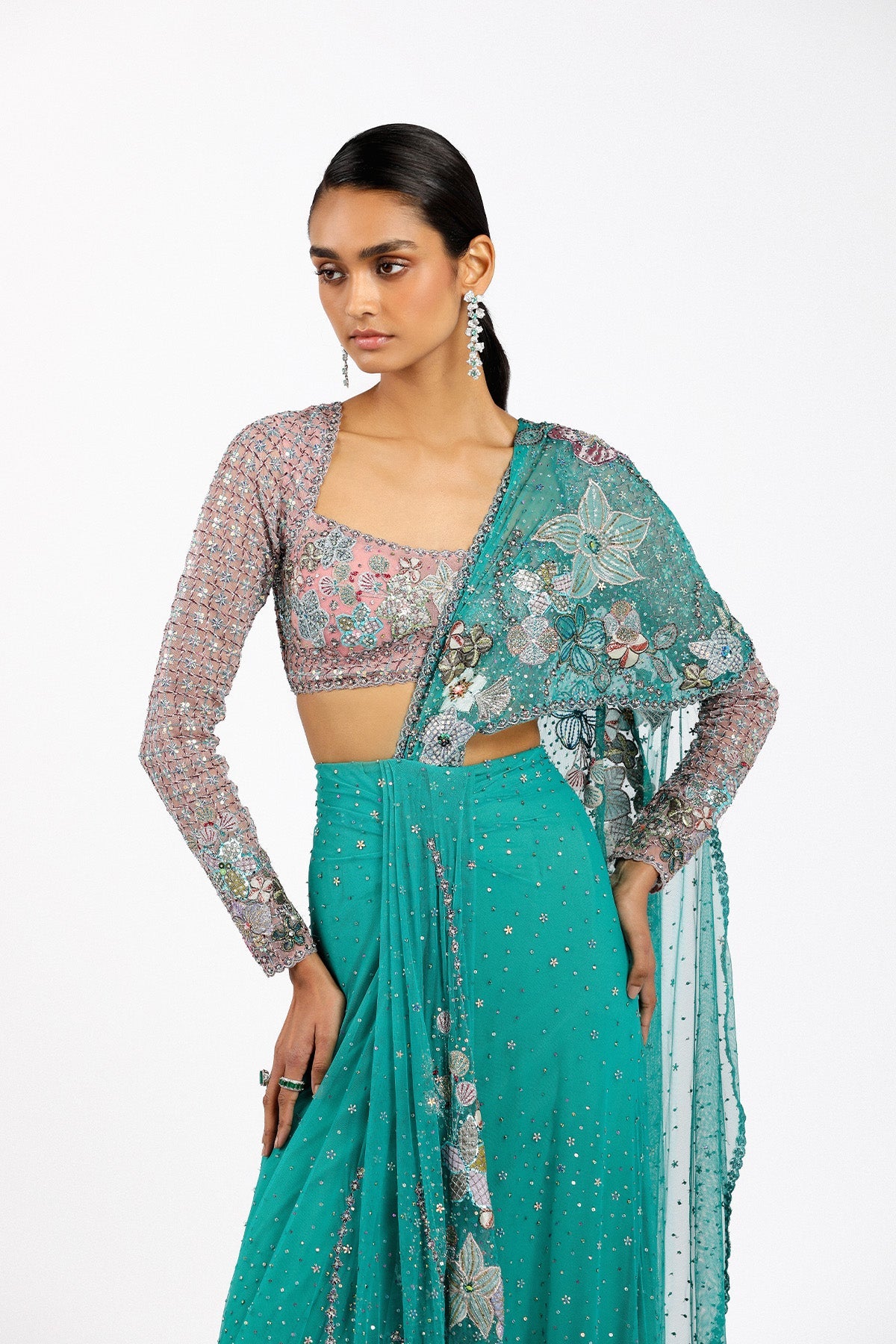 Myrielle - Turq-Pink Tulle Net Saree Set-RTS