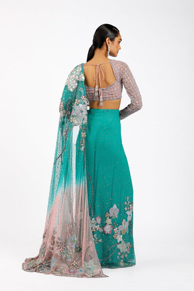 Myrielle - Turq-Pink Tulle Net Saree Set-RTS