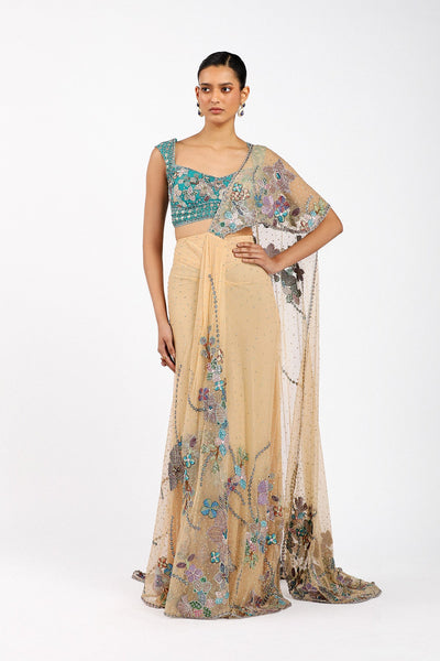 Woman wearing Matilda bisque pre-draped tulle saree